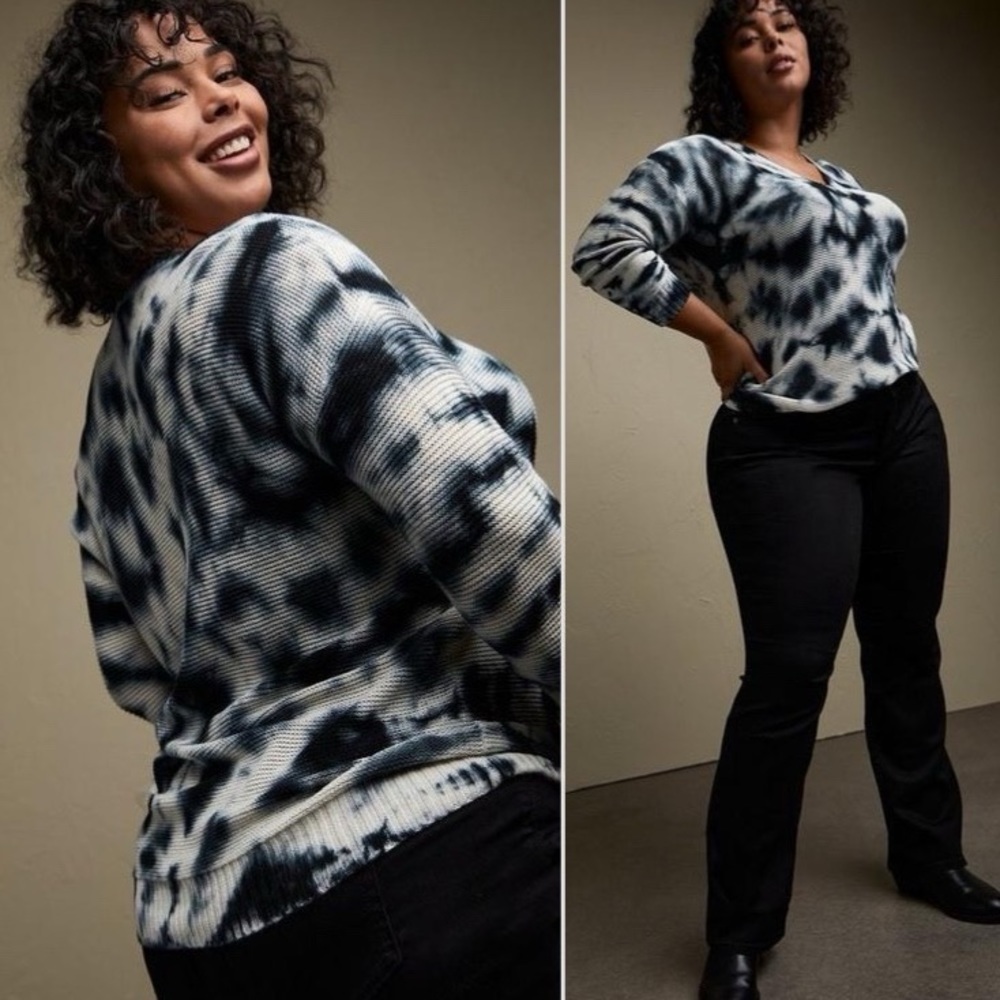 Torrid Sweater Top Long Sleeve Tie Dye Black White Knit Fall V-Neck Plus Size 2X